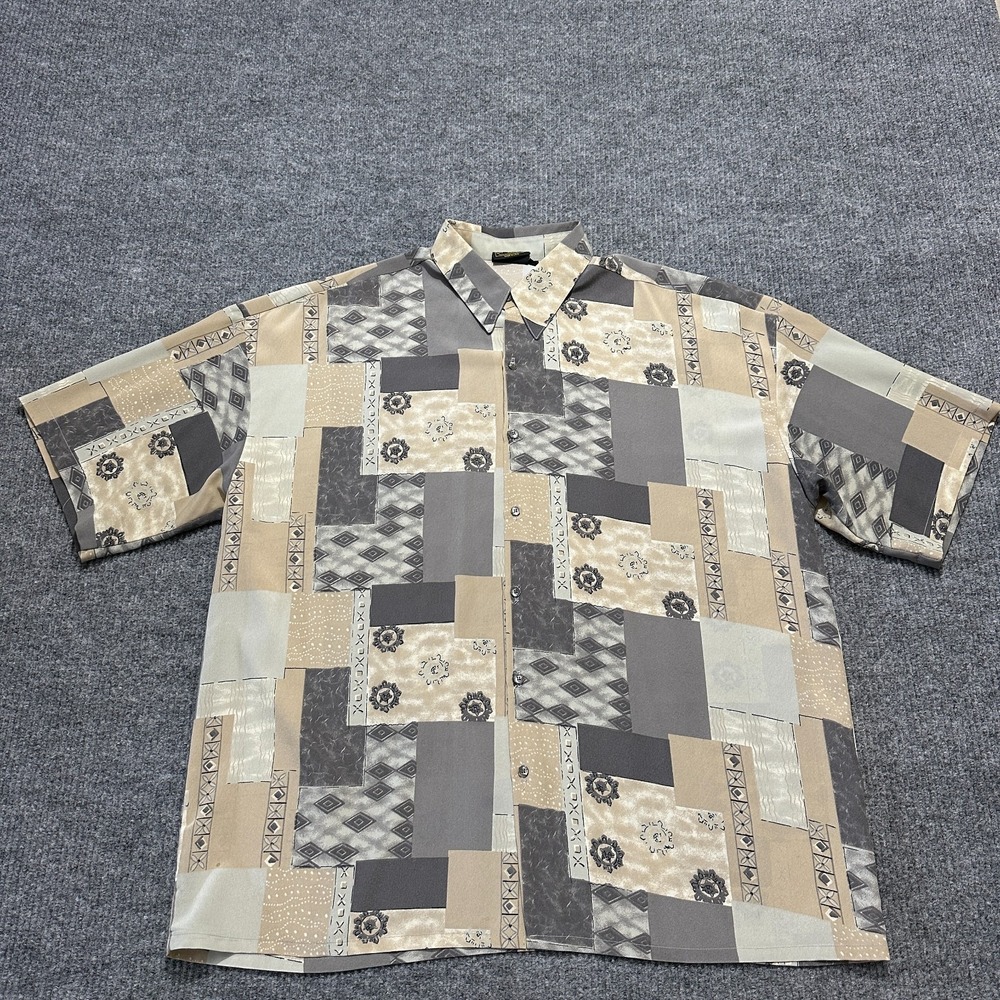 Monzini Collection Mens Button Up Shirt Size 3X Beige Geometric Short Sleeve